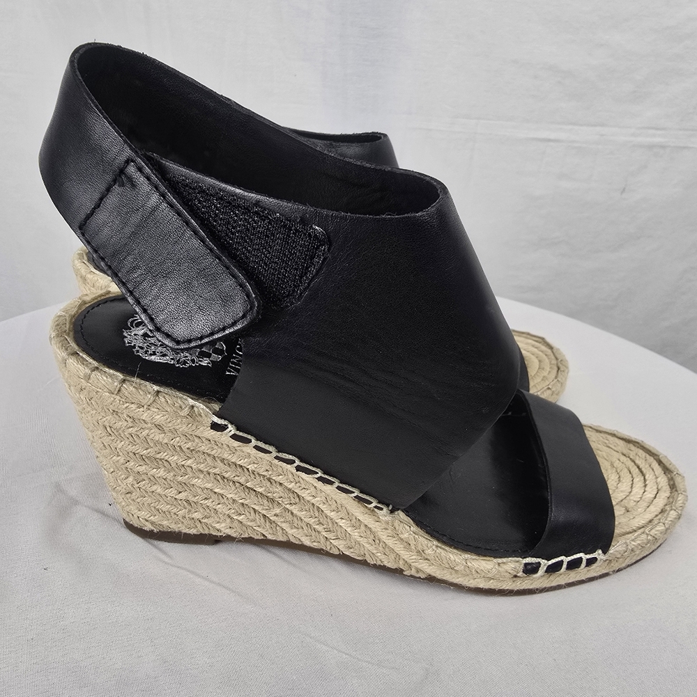 Vince Camuto Laminda Black Leather Espadrille Wedge Sandals Sz 9M - Picture 5 of 9